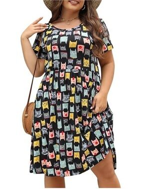 Plus Size Short Sleeve Mini Dress with Colorful Cat Print - Black